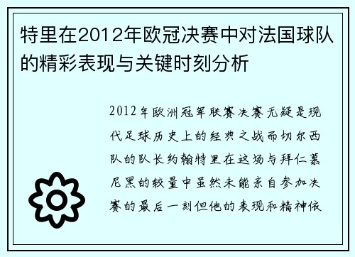 特里在2012年欧冠决赛中对法国球队的精彩表现与关键时刻分析