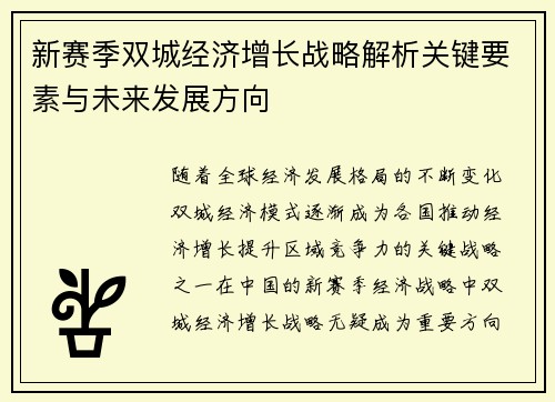 新赛季双城经济增长战略解析关键要素与未来发展方向