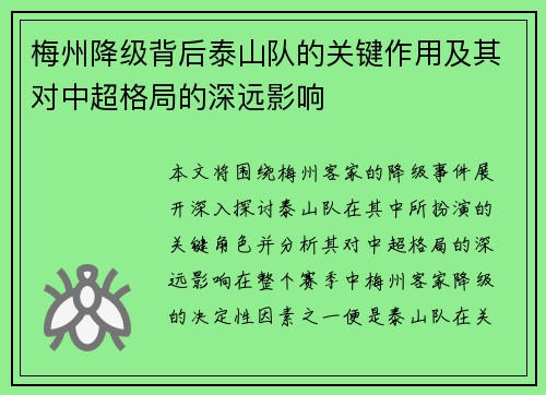 梅州降级背后泰山队的关键作用及其对中超格局的深远影响 梅州降级背后泰山队的关键作用及其对中超格局的深远影响