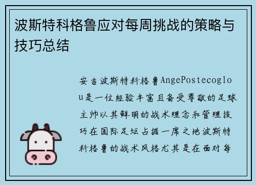 波斯特科格鲁应对每周挑战的策略与技巧总结 波斯特科格鲁应对每周挑战的策略与技巧总结